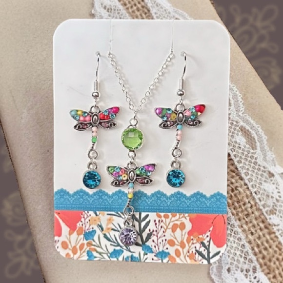 New Handmade Colorful. Sparkly Silver-Tone Dragonfly Necklace & Earring Set - Picture 2 of 7